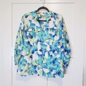 JM Collection Linen Button Down Shirt Front Pockets 3/4 Sleeves Sz 18 Blue Green